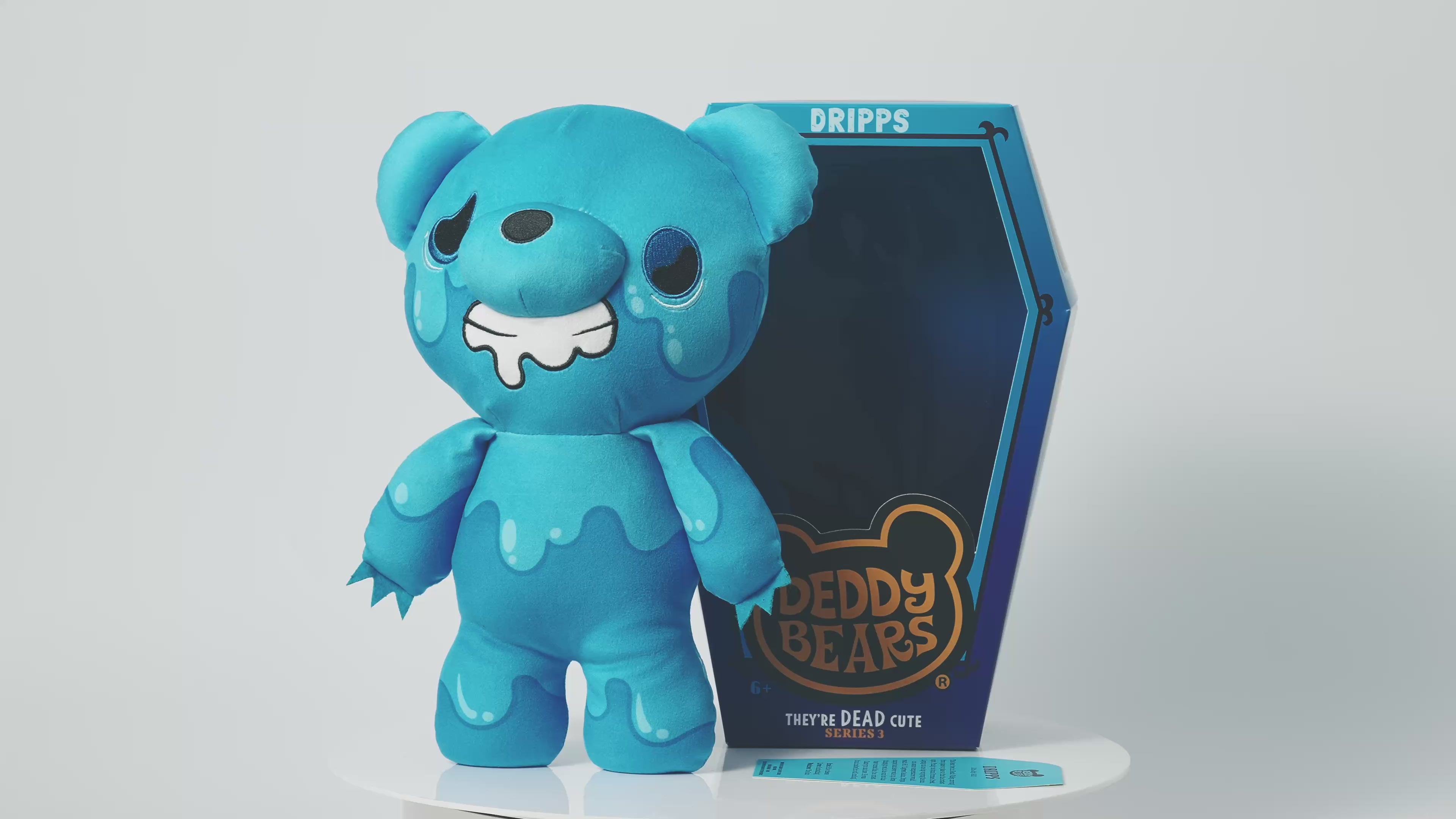 Load video: Deddy Bears, Large Plush Character, &#39;Dripps&#39;, 30cm. Arrives packaged in a large coffin.